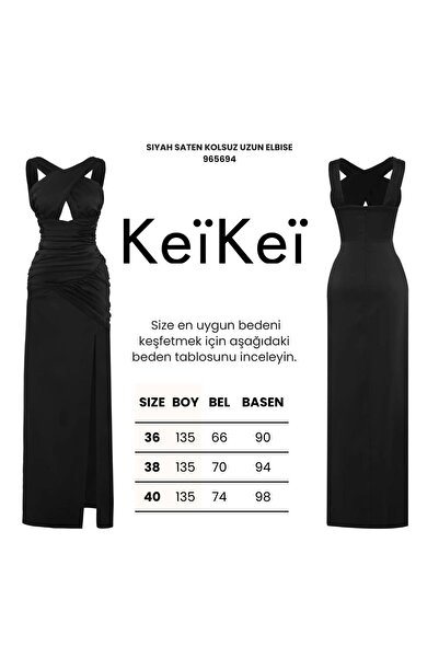 Keikei Siyah saten kolsuz uzun elbise