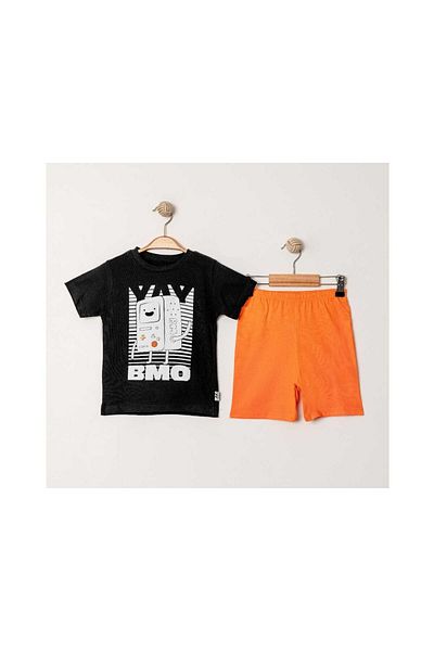 TRENDİMİZBİR Boys' Black T-Shirt Set with Orange Shorts – Retro Game Console Themed Summer Set