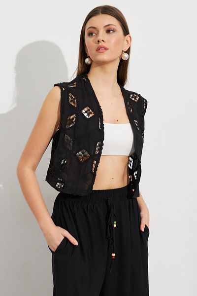 Cool & Sexy Γυναικείο Μαύρο Κεντημένο Crop Γιλέκο ZH110