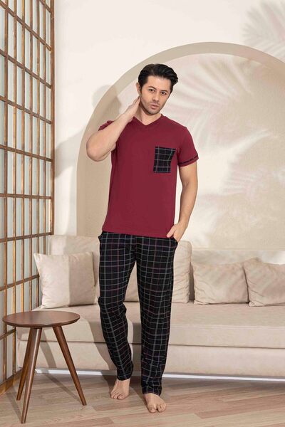 Tarık Father Son Combination Short Sleeve Checked Long Bottom Combed Fabric Medium Thick V-Neck Pajamas Set-3995