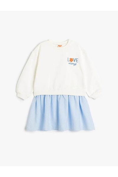 Koton Cotton Sweat Dress - Long Sleeve, Round Neck and Embroidery Detail