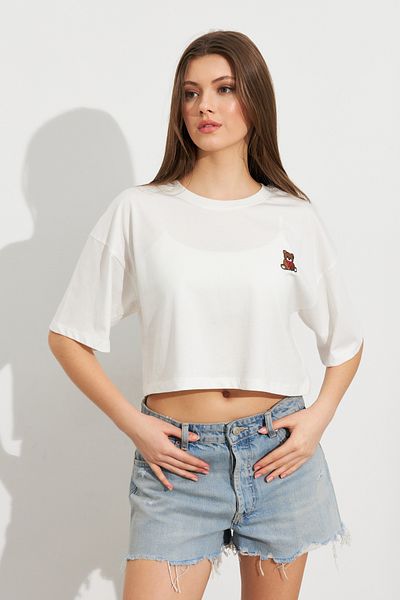Cool & Sexy Women's White Teddy Bear Embroidered Crop T-Shirt Ats8700