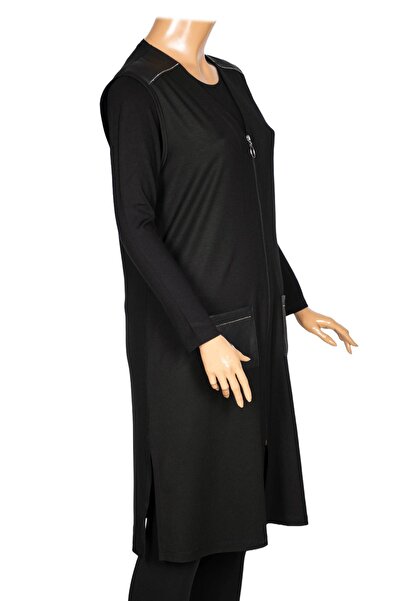 Hermevsim Hesna Women's Bengü Large Size Zippered Pocket Combed Cotton Black Vest
