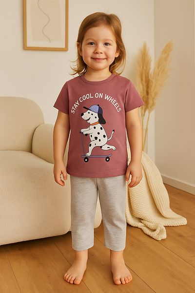 TRENDİMİZBİR Girl's Stay Cool Printed Plum Summer Top and Bottom Set