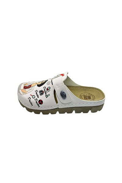 TECOS Women's Sanitary Clogs - White With Doctor Print, Size 38, 24 Centimeters