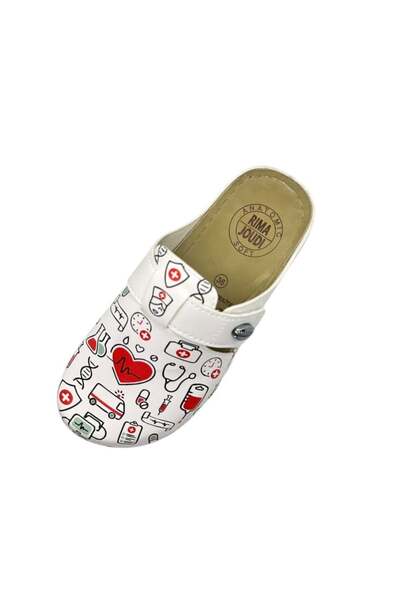 TECOS Women's sanitary clogs - White with medical print, size 40, 25 centimeters