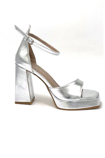 KİNDEP Kindep White Thick Heeled Platform Women's Shoes Silver
