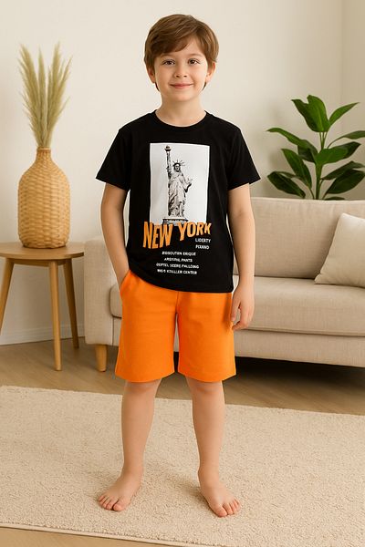 TRENDİMİZBİR Boys New York Printed Statue of Liberty Black T-Shirt and Orange Shorts Bottom Top Set