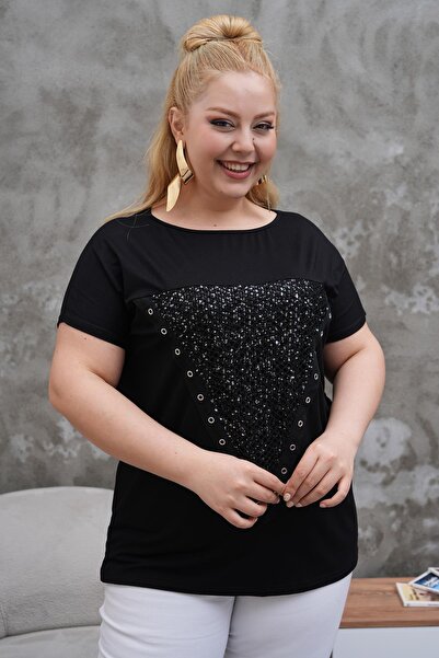 Siyezen Plus Size Mesh Elegant Blouse with Sequin Detail in Front