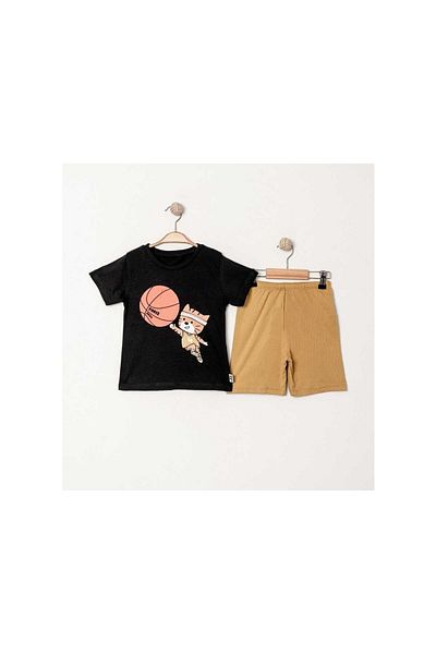 TRENDİMİZBİR Boys Basketball Themed Black T-Shirt Set with Brown Shorts – Summer Bottom Top Set