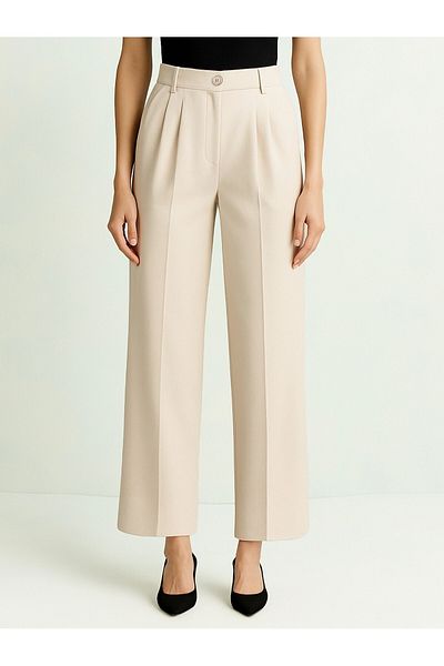 Modamorfo Single Button Front Fold Detailed Pocket Trousers -Beige