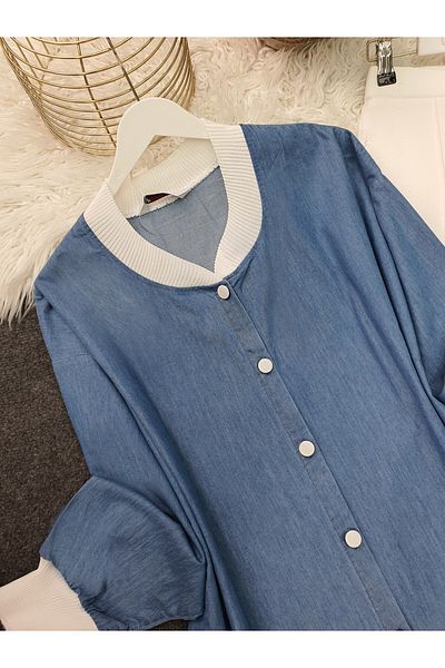 Modamorfo Buttoned Denim Tunic with Ribbed Collar and Hem - Blue