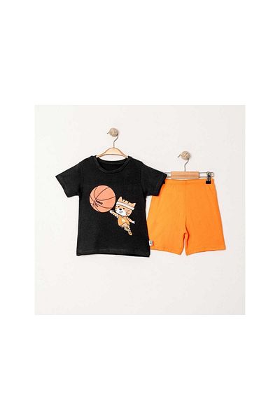 TRENDİMİZBİR Boys Basketball Themed Black T-Shirt Set with Orange Shorts – Summer Bottom Top Set