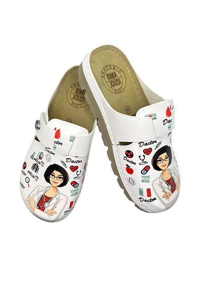 TECOS Women's Sanitary Clogs - White With Doctor Print, Size 38, 24 Centimeters