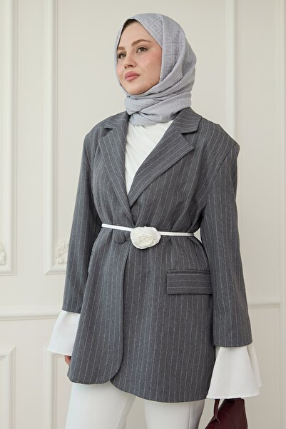 InStyle Çizgili Kolları Volanlı Antrasit Blazer Ceket