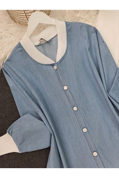 Modamorfo Buttoned Denim Tunic with Ribbed Collar and Hem - Ice Blue