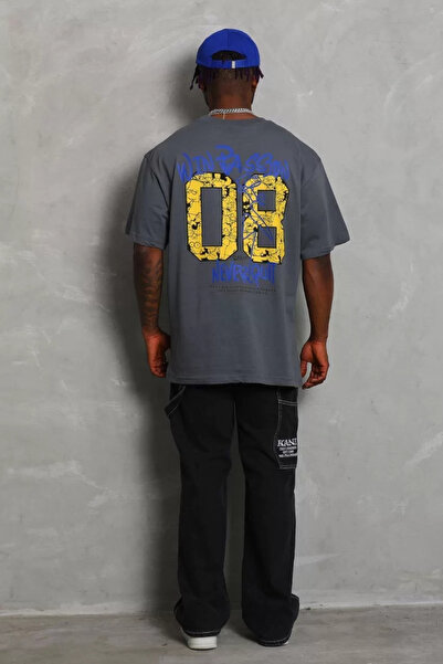 FantaziAtölyesi Μπλουζάκι Unisex Oversize με στάμπα Crew Neck - Smoked