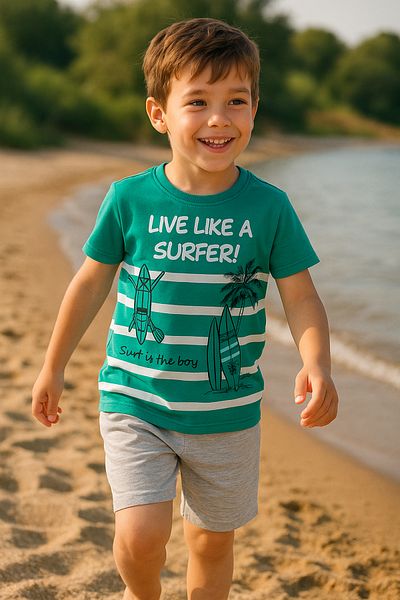TRENDİMİZBİR Αγόρια Green Live Like a Surfer Καλοκαιρινό κοστούμι με στάμπα σορτς