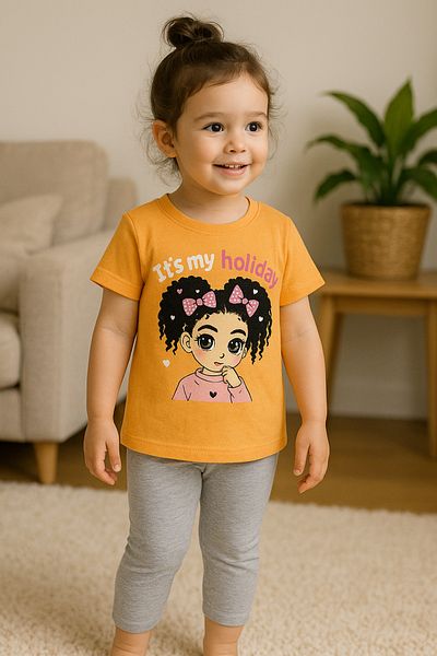 TRENDİMİZBİR Girl's Holiday Printed Ribbon Patterned Girl Character Orange Gray Summer Bottom Top Suit