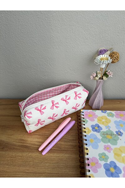 minyaturhayalim Pembe Fiyonklu Kurdele Desen Makyaj Çantası Kalemlik Boy Ölçü...