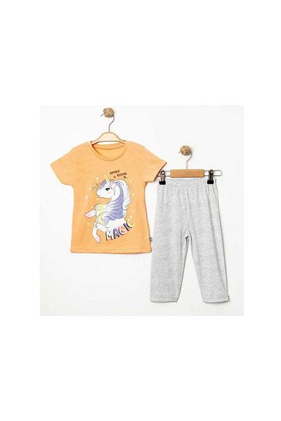 TRENDİMİZBİR Girl's Orange Magic Unicorn Printed Summer Top and Bottom Set