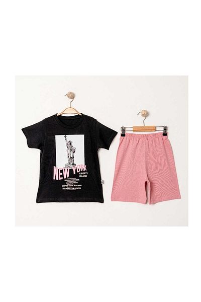 TRENDİMİZBİR Boy's New York Printed Statue of Liberty Black T-Shirt and Pink Shorts Top and Bottom Set
