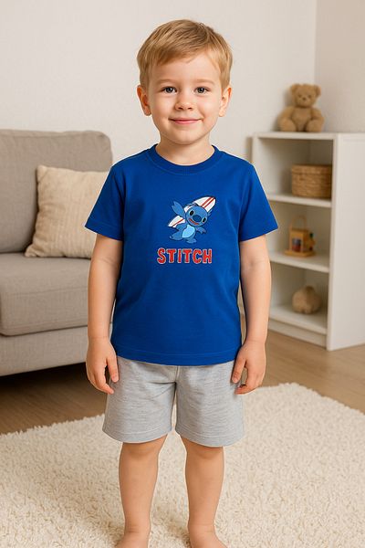 TRENDİMİZBİR Boy's Navy Blue Color Stitch Printed Short Sleeve T-Shirt and Shorts Set