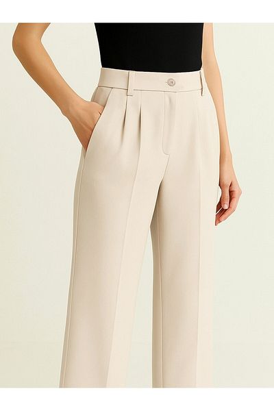 Modamorfo Single Button Front Fold Detailed Pocket Trousers -Beige