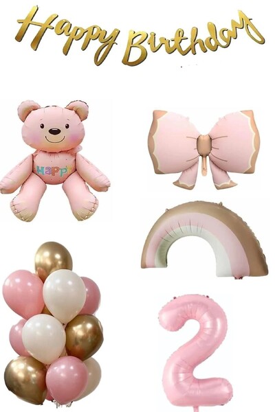 Laviyosa Pembe Ayıcık Yaş Balonlu Gökkuşağı Temalı Kız Bebek Konsept Doğum Gü...