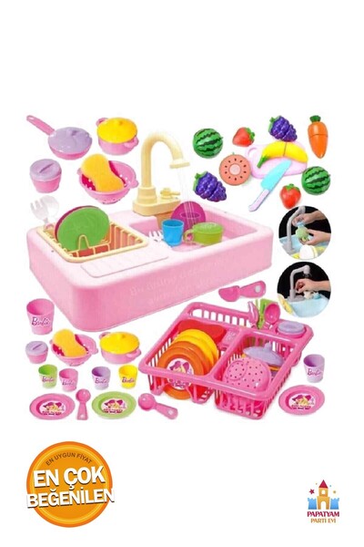PapatyamPartiEvi Şık Modern Lavabo Oyuncak Mutfak Seti - Pilli Çeşmeli 25 Par...