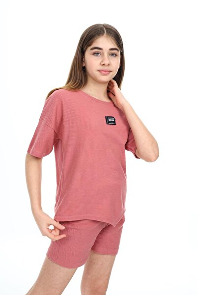 TRENDİMİZBİR Waffle Fabric Girl's Shorts Set with Crest Detail