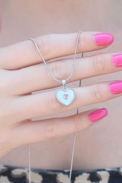 Skygo 316L Steel Silver Color Heart Model Pink Heart Zircon Stone Detail Women's Necklace - Tj-Bko7383