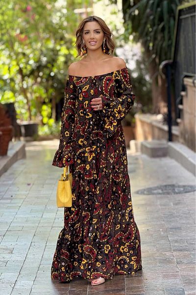 Nevin Kaya Moda Φόρεμα με μοτίβο με σάλι χακί χρώματος Madonna γιακά