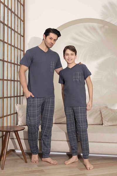 Tarık Father Son Combination Short Sleeve Checked Long Bottom Combed Fabric Medium Thick V-Neck Pajamas Set-3995