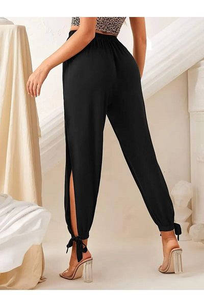 Kokosh moda Women's Elastic Waist Lace-Up Ankle Lace-Up Viscose Trousers with Side Slit Detail