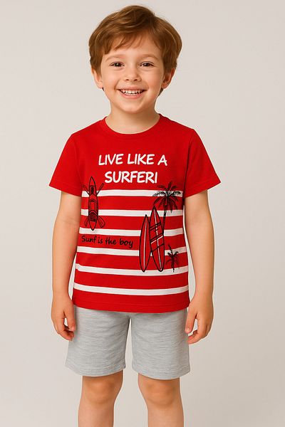 TRENDİMİZBİR Boys Red Live Like a Surfer Printed Shorts Summer Suit