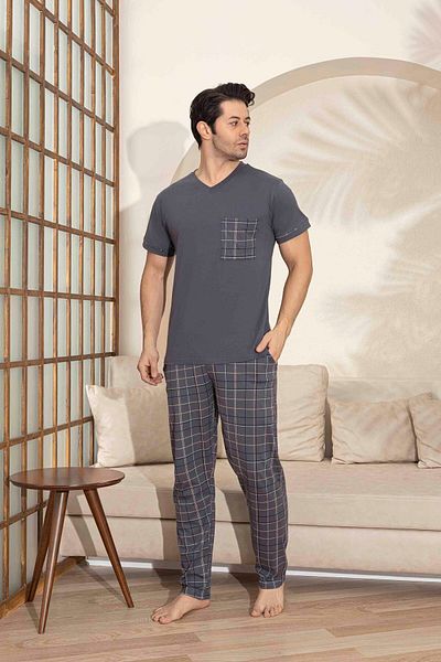 Tarık Father Son Combination Short Sleeve Checked Long Bottom Combed Fabric Medium Thick V-Neck Pajamas Set-3995