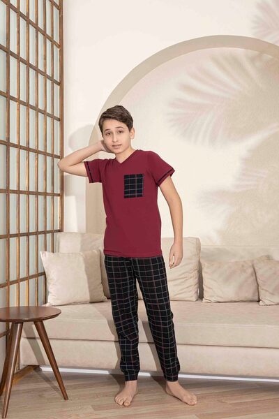 Tarık Father Son Combination Short Sleeve Checked Long Bottom Combed Fabric Medium Thick V-Neck Pajamas Set-3995