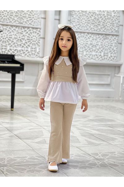 TRENDİMİZBİR Girl's Pearl Detailed Baby Collar Shirt Spanish Leg Suit