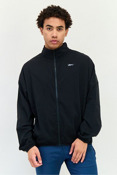 Reebok Men Sportswear Fit Long Sleeve Woven Running Windbreaker Jacket, Black