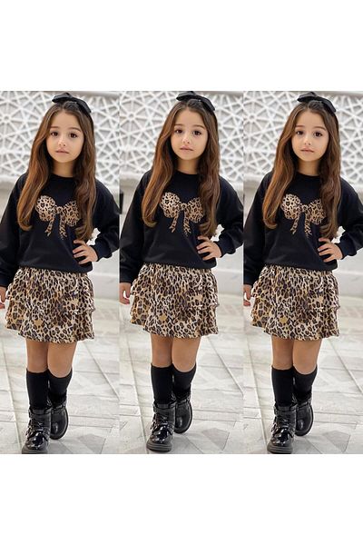 TRENDİMİZBİR Girl's Leopard Patterned Bow Detailed Soft Textured Casual Style Skirt Set