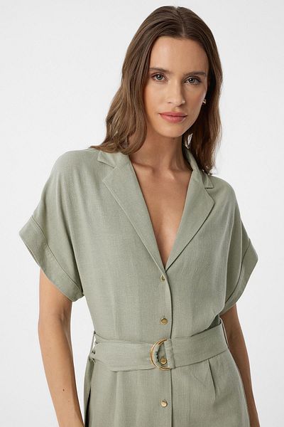 Antioch Khaki Linen Blended Belted Women's Dress