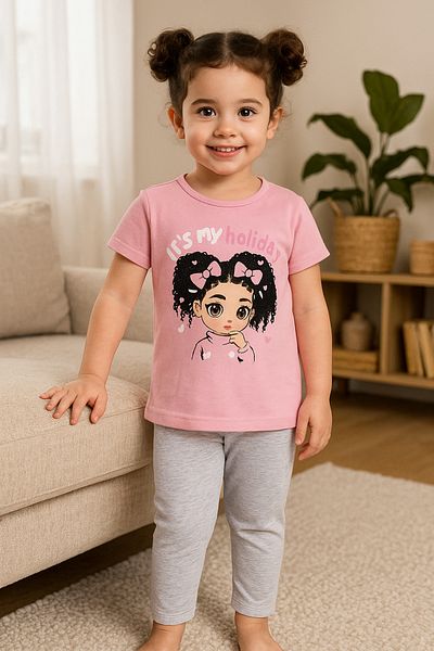TRENDİMİZBİR Girl's Holiday Written Ribbon Patterned Girl Character Light Pink Gray Summer Bottom Top Set