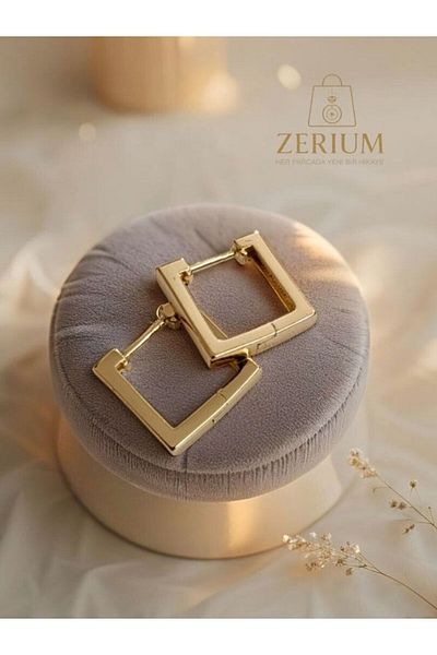 ZERİUM Rectangle Form Gold Color Plated Minimal Stylish Women Hoop Earrings 316L