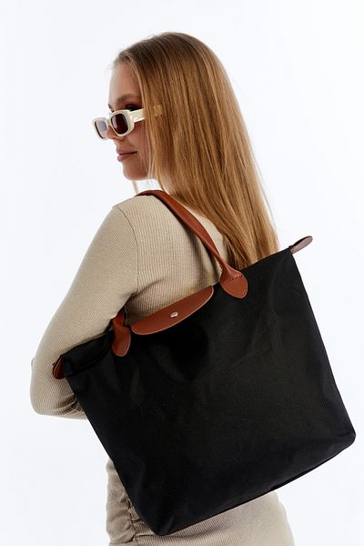 Onouqo Foldable Black Fabric Women's Tote Bag – Casual Shoulder Bag with Brown Leather Detail
