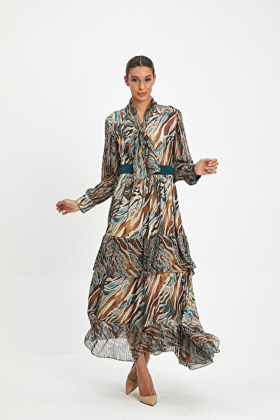 SERPİL Kadın Zebra Desenli Katlı Elbise - Fular Detaylı, Modern ve Hareketli ...