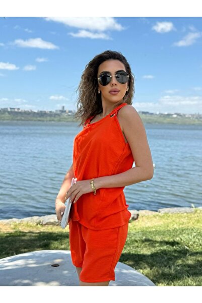 JANES Women's Sleeveless V-Neck Bird Eye Detail Blouse Short Aerobin Double Set