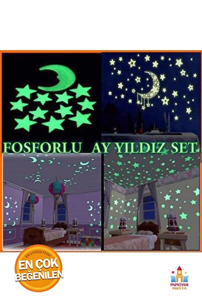 PapatyamPartiEvi ملصق لاصق لتزيين السقف الليلي مع نجمة فسفور وشكل القمر في الليل