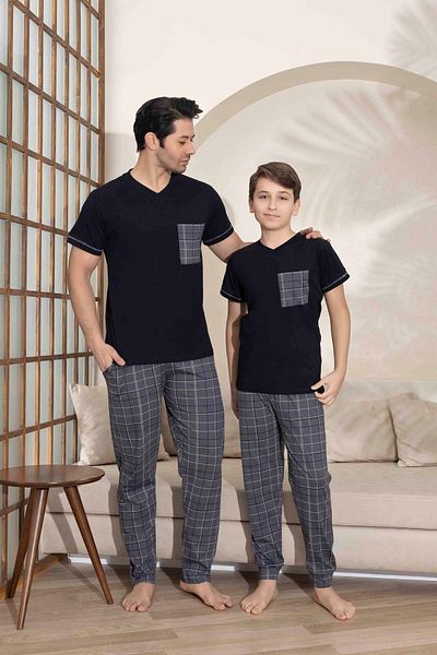 Tarık Father Son Combination Short Sleeve Checked Long Bottom Combed Fabric Medium Thick V-Neck Pajamas Set-3995