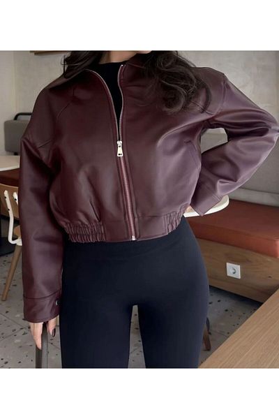 moda armanc Leather Bomber Jacket with Collar Detail